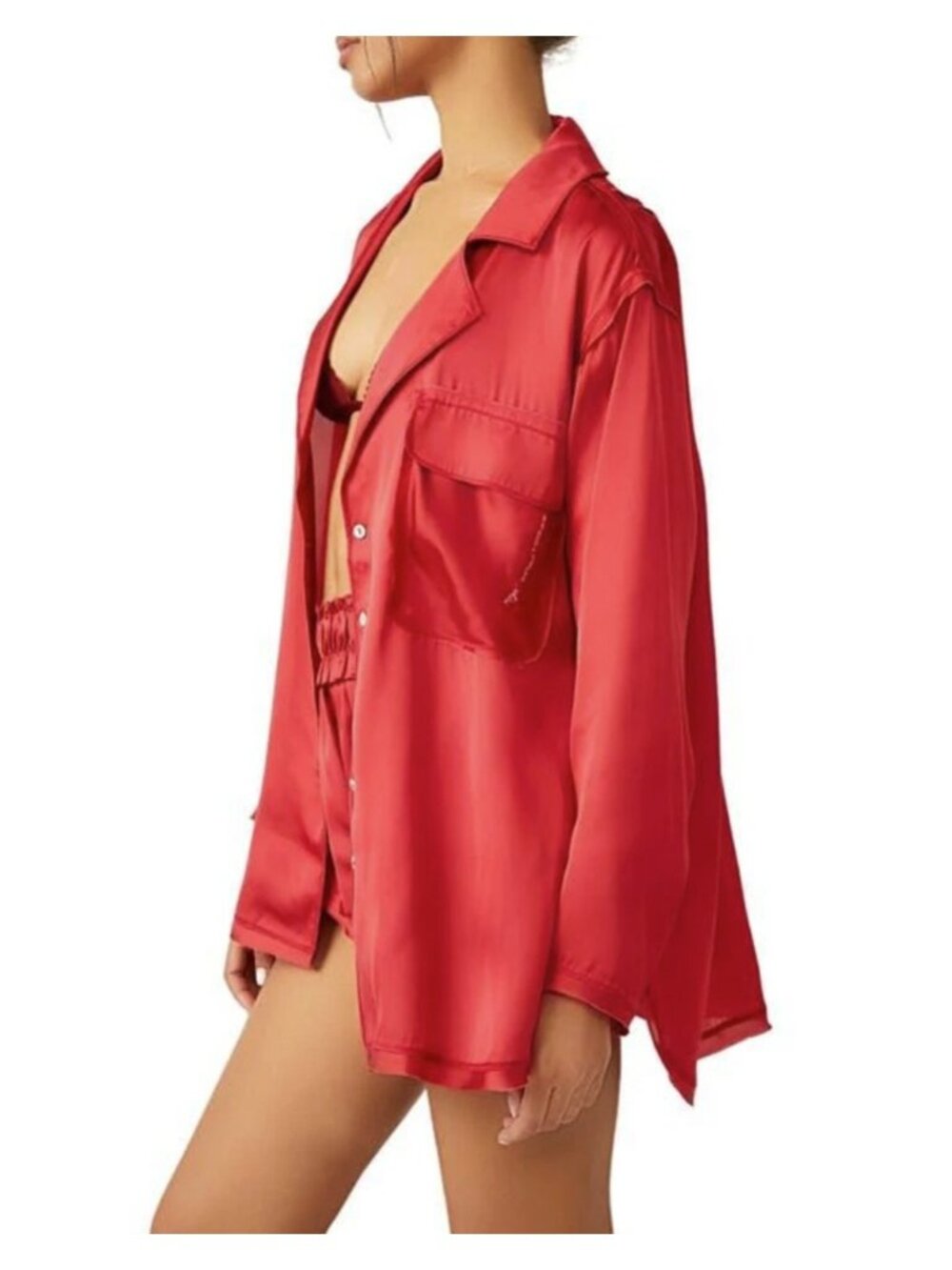 Free People Like Honey Oversized Satin Pajama PJ Shirt Garnet Ruby Red ( XS )